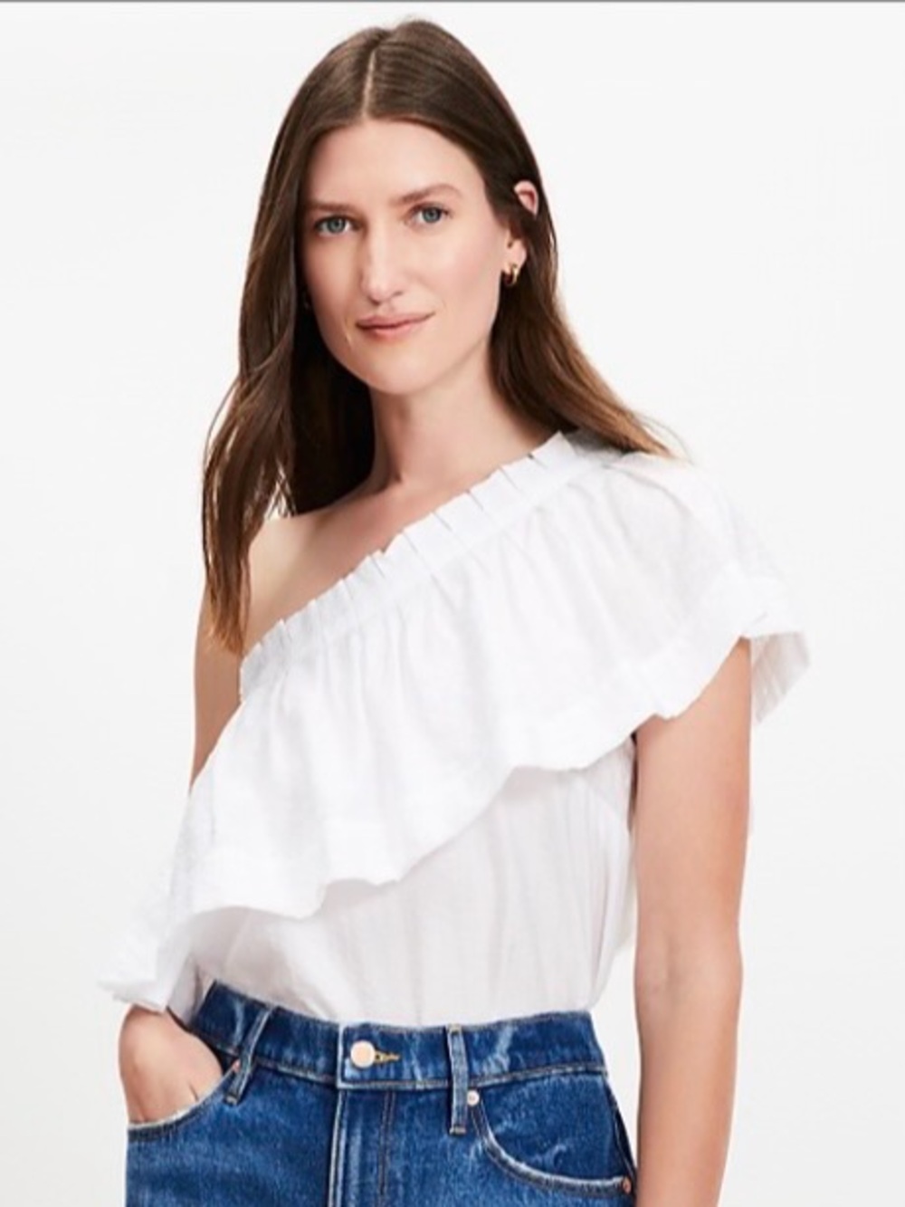 LOFT White One-Shoulder Cascading Ruffle Size MP Blouse